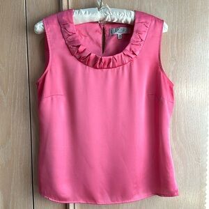 Pretty in Pink Kasper PM Shiny Top with Neck Detail, Back Button, Notched Sides